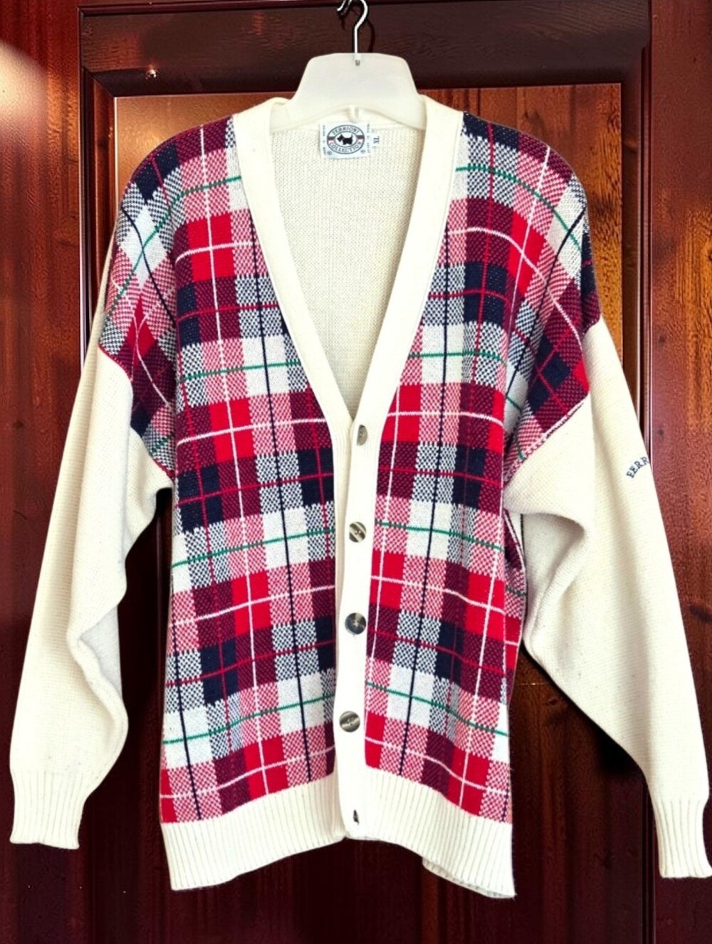 Ferrioni Collection Bold Red Plaid Cardigan Sz XL 90s Preppy Academia Classic